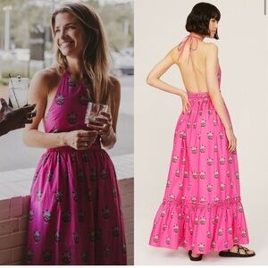 RHODE Salena Maxi Dress in Marigold Flower Hot Pink Large‎